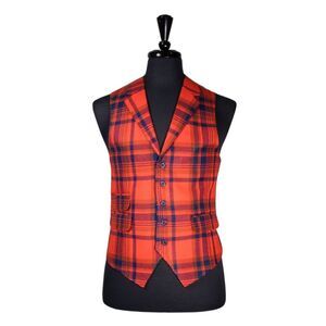 Mens Waistcoat Suit Lapel Vest 40R Orange Blue Plaid Wool Formal Wedding Party